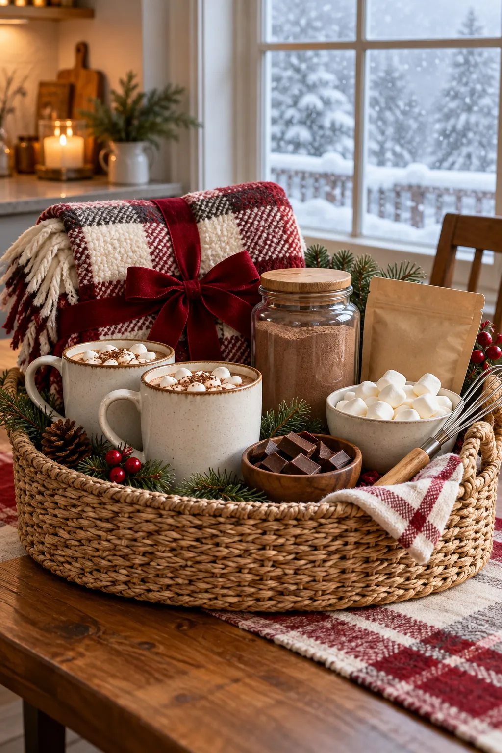 Winter hot cocoa basket with mugs chocolate marshmallows and blanket