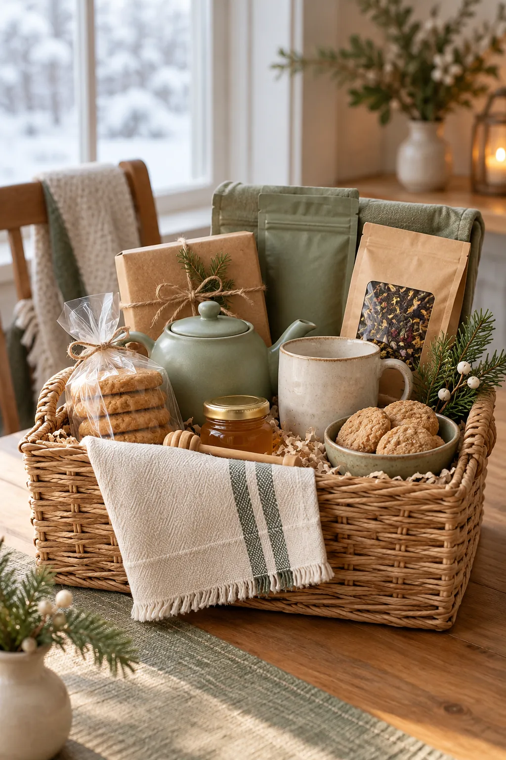 Winter tea gift basket with teapot biscuits mug and cozy napkin