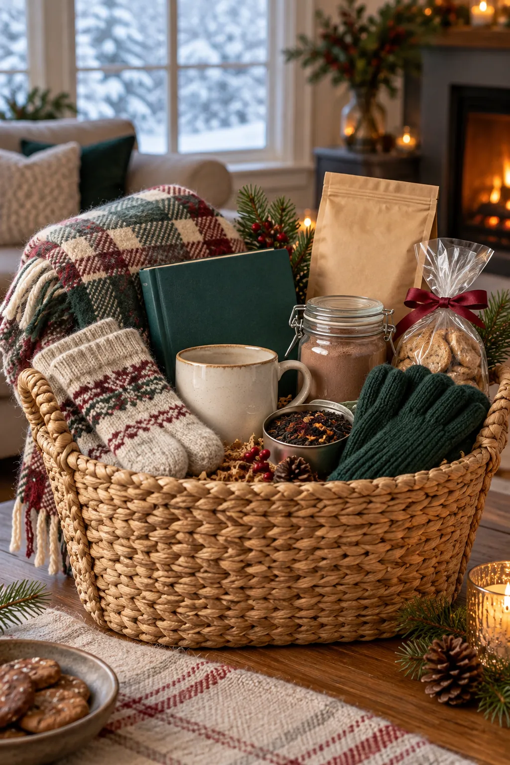 Winter gift basket ideas with warm blanket mug snacks and cold weather accessories