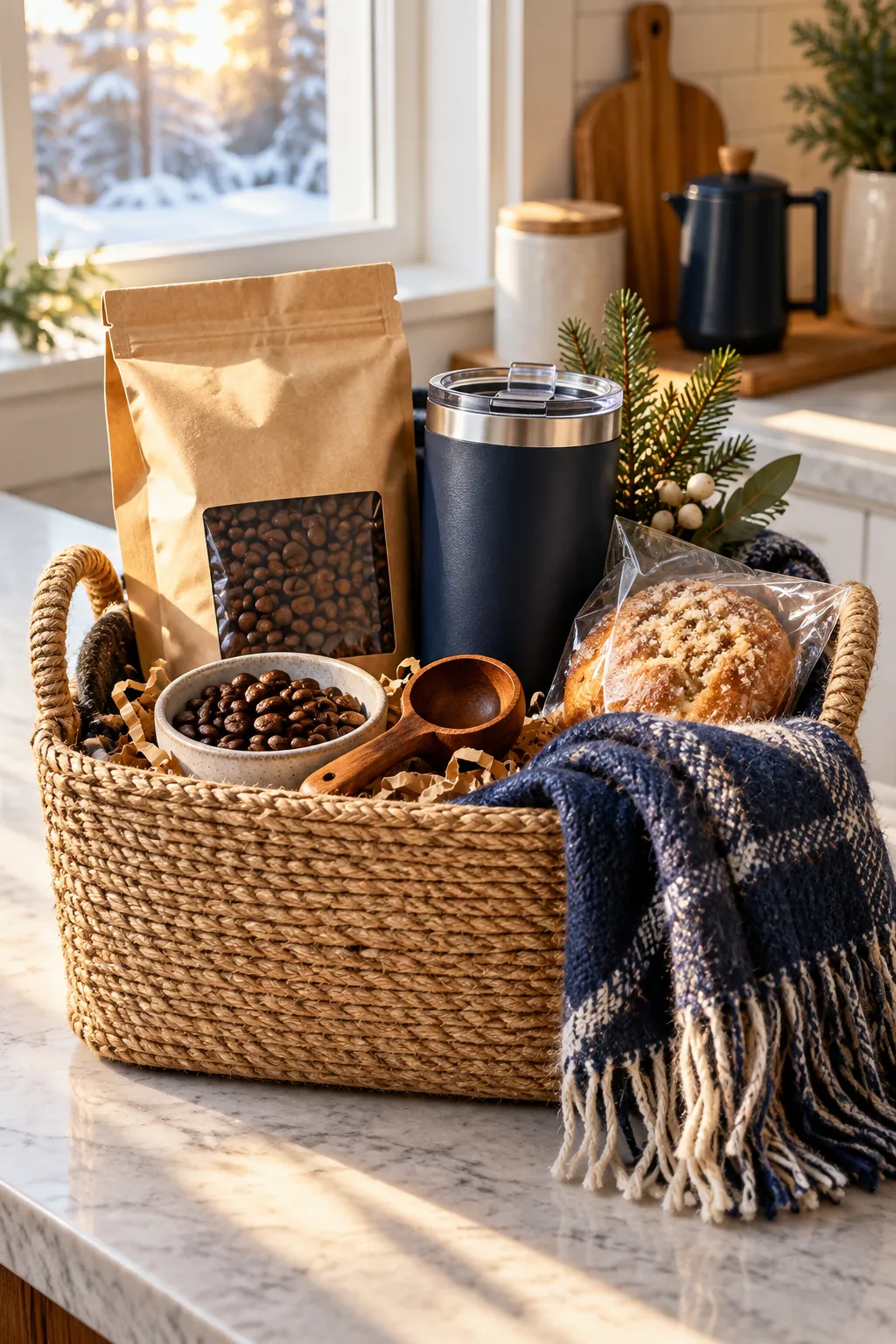 Winter coffee basket with beans insulated cup pastry and scarf