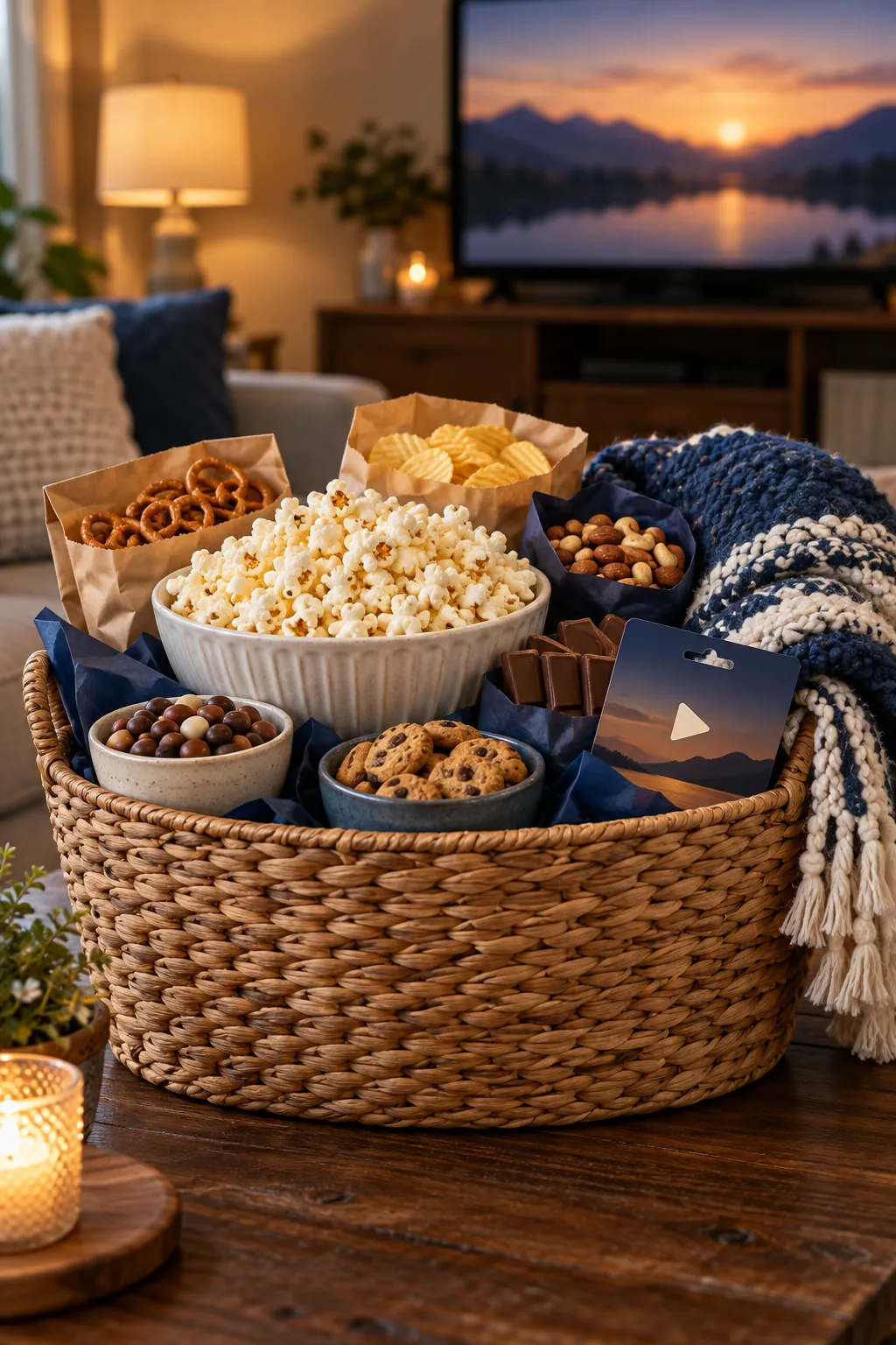 Winter movie night basket with popcorn snacks bowls and blanket