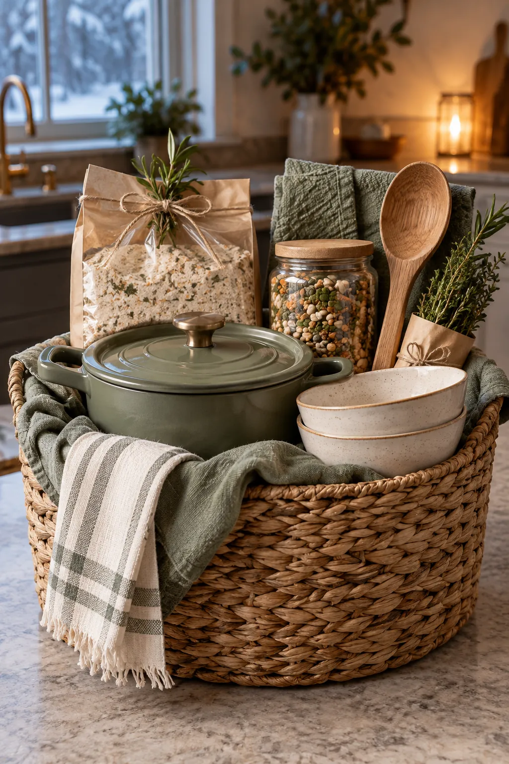 Winter supper gift basket with soup ingredients bread mix bowls and herbs