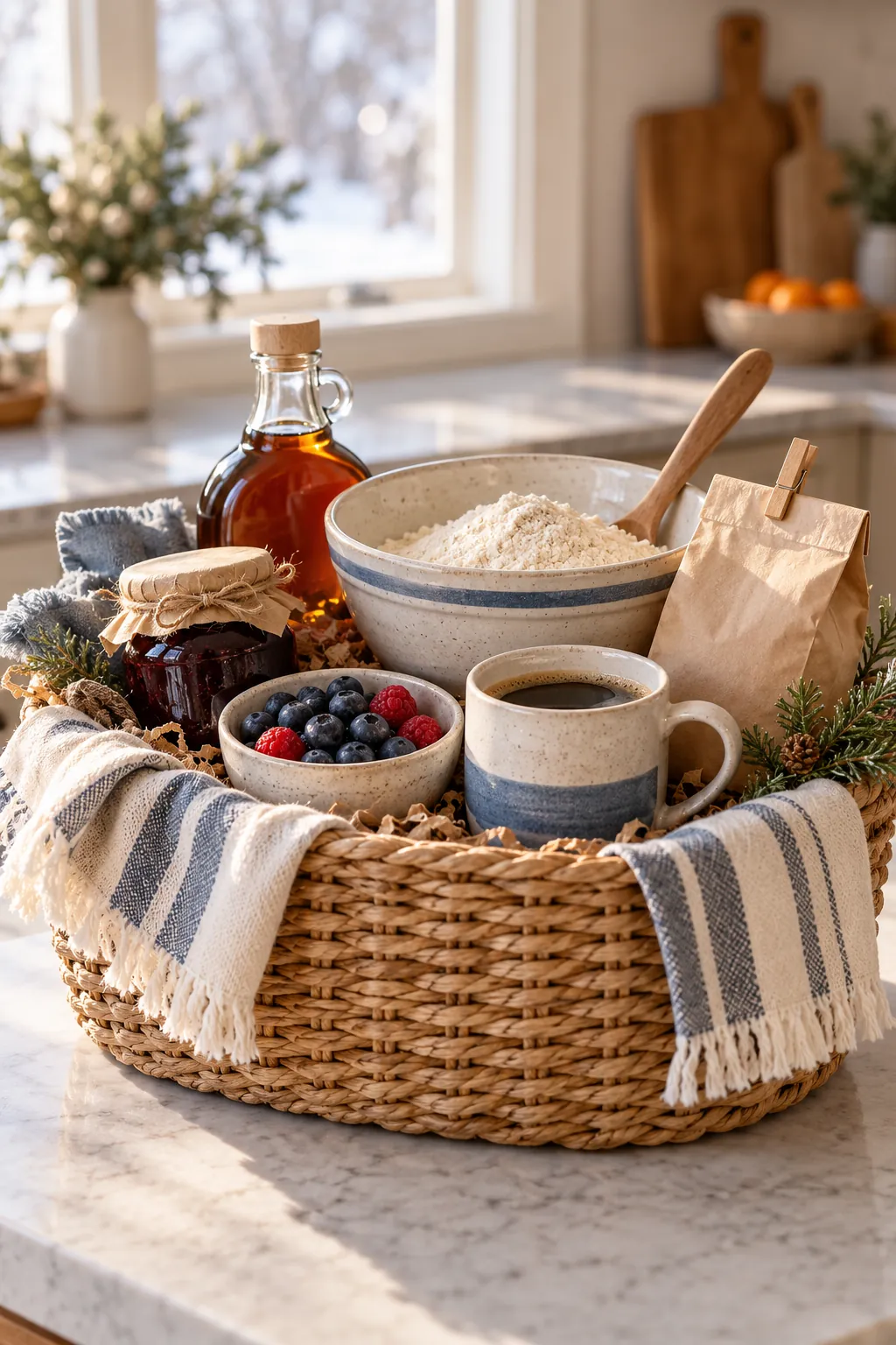 Winter breakfast basket with pancake mix syrup preserves and coffee