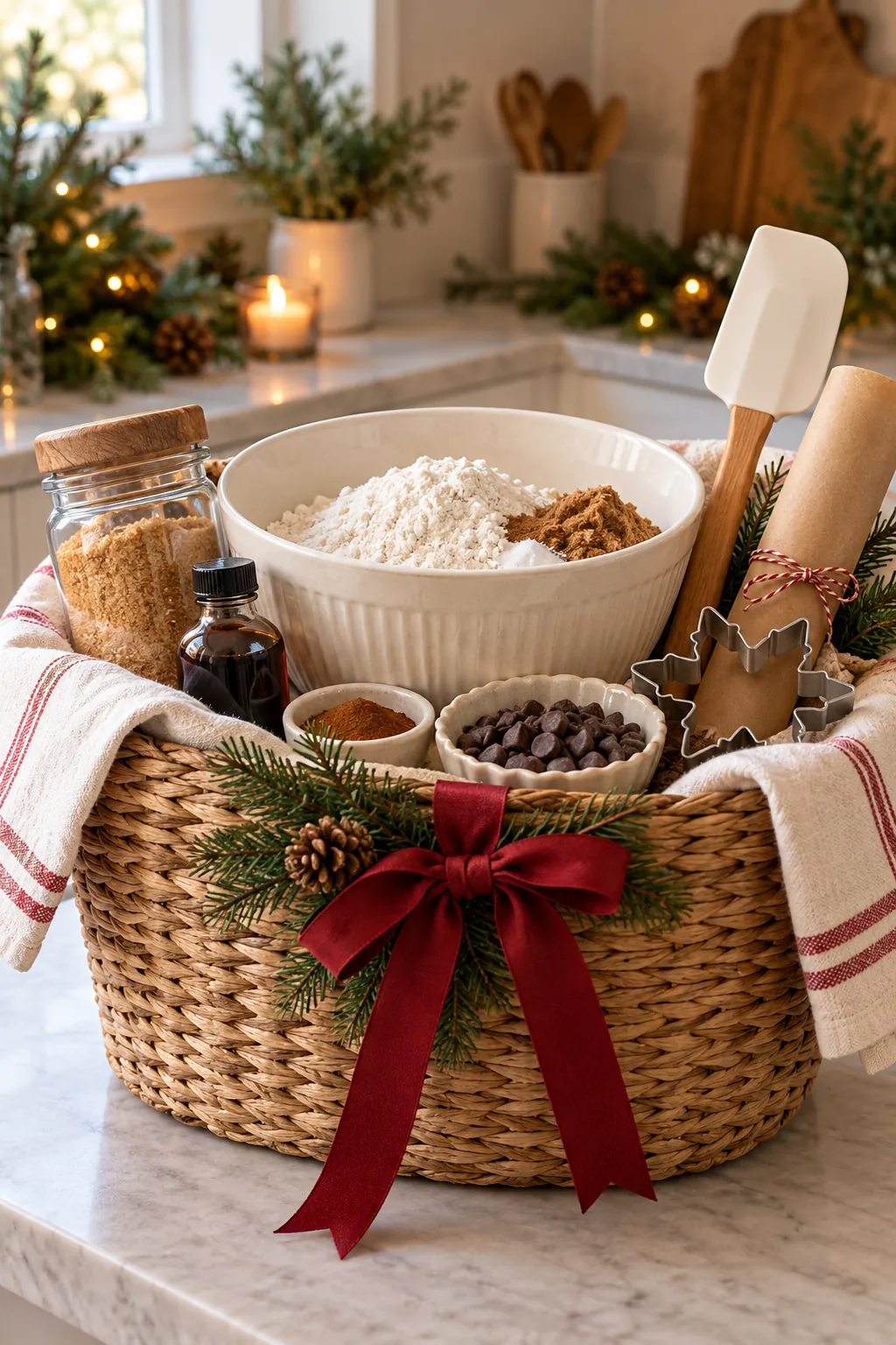 Winter baking basket with mixing bowl ingredients parchment and spatula