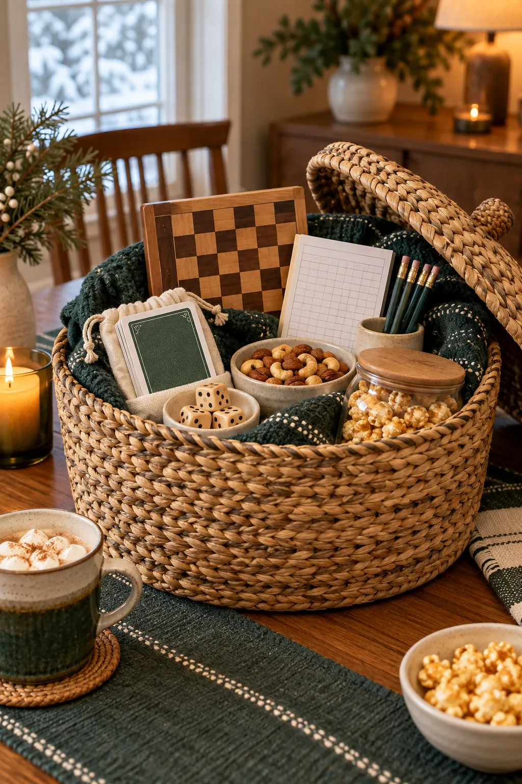 Winter game night basket with card game score pad pencils and snacks