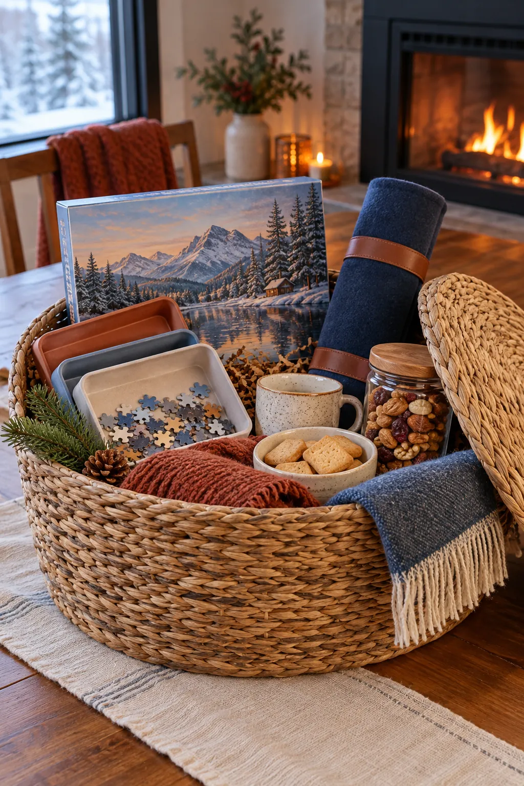 Winter puzzle basket with jigsaw sorting trays tea and snacks