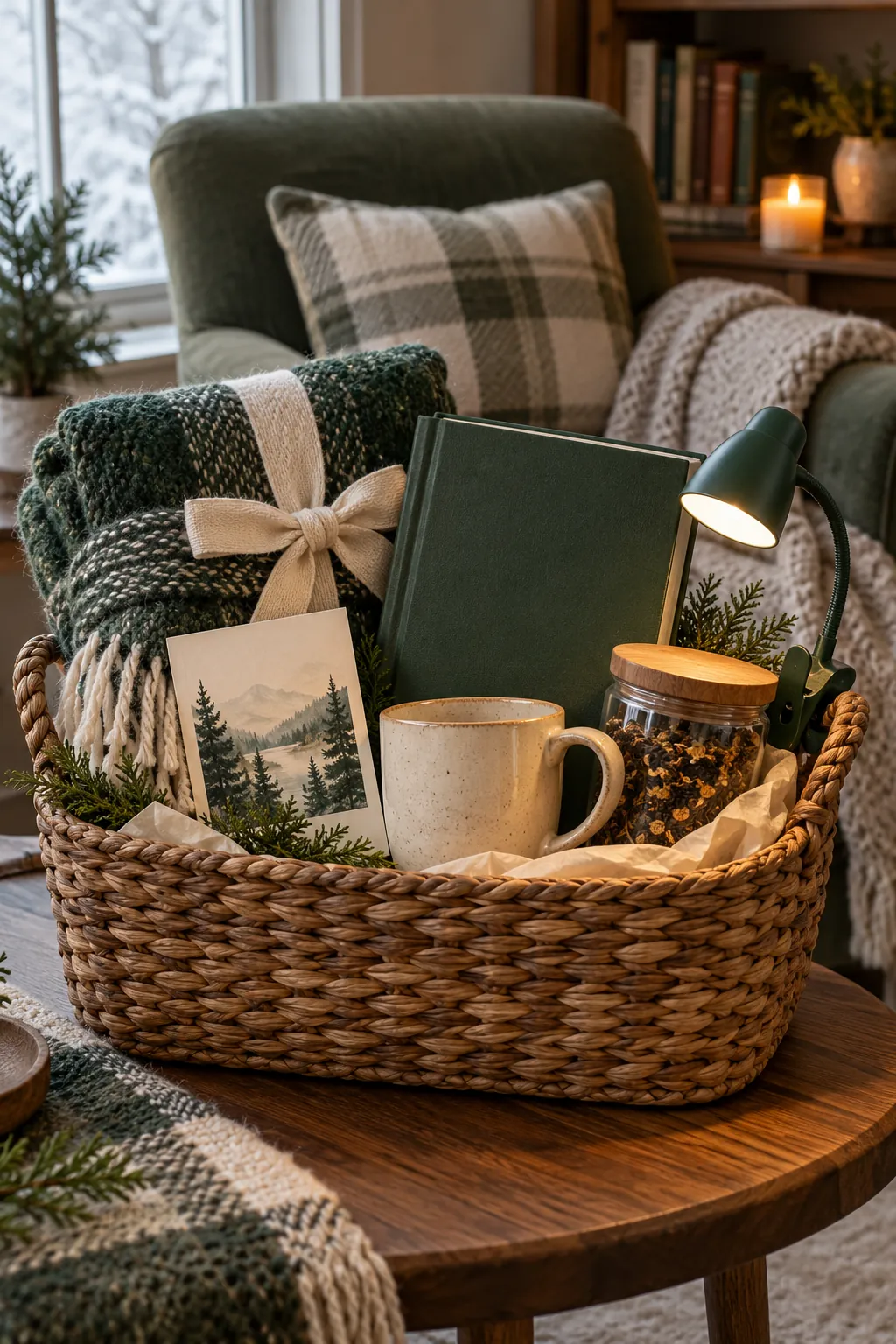 Winter reading basket with books blanket tea and clip light