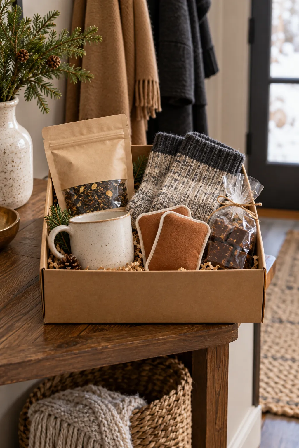 Small winter comfort box with tea hand warmers socks and chocolate