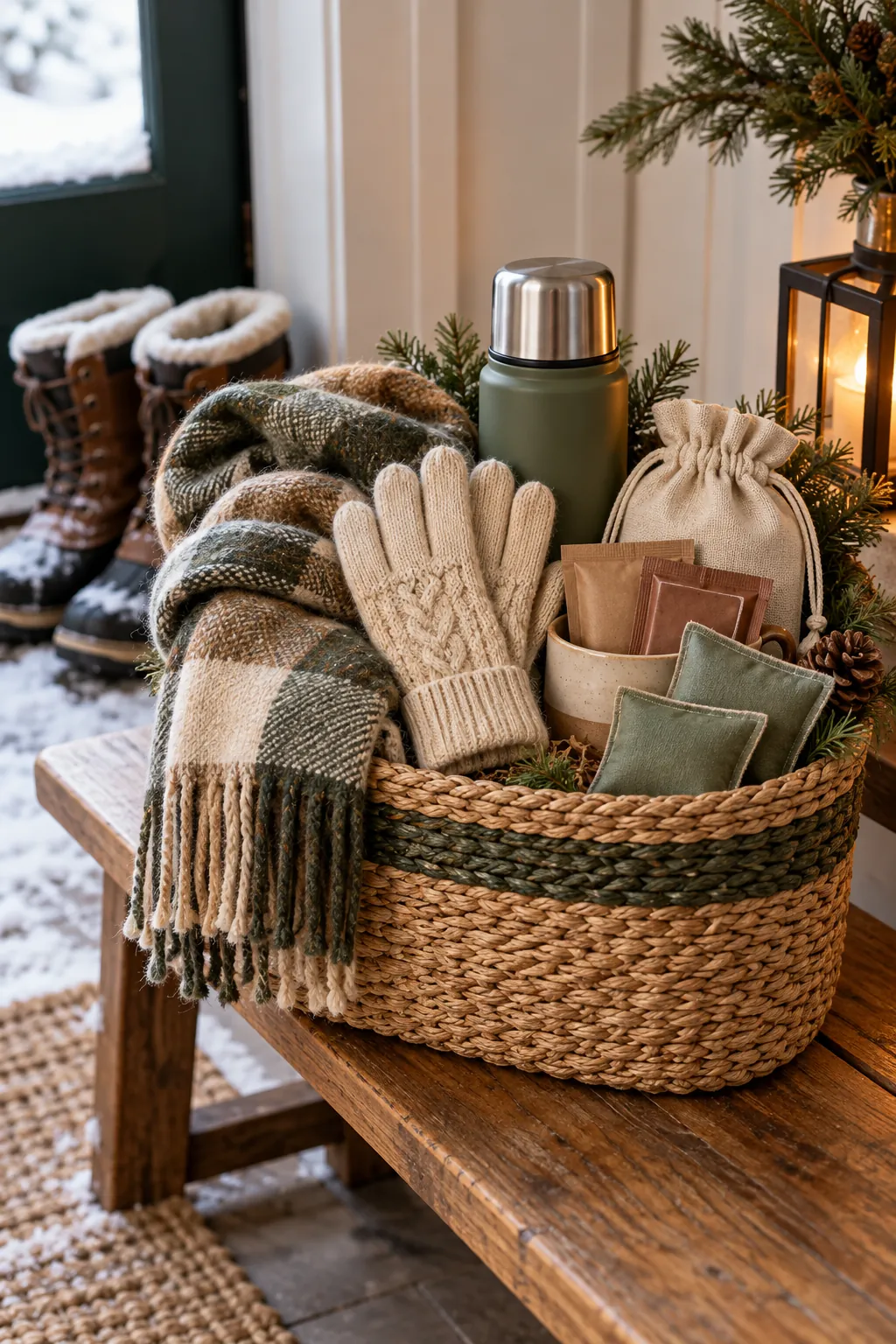 Winter walk basket with scarf gloves thermos and hand warmers
