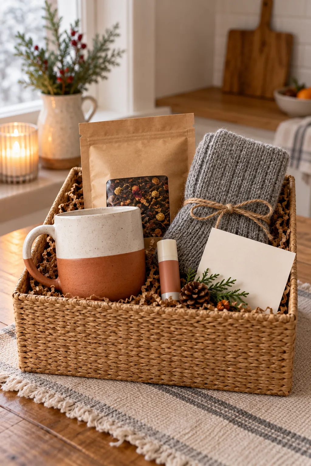 Budget winter basket with mug tea socks lip balm and card