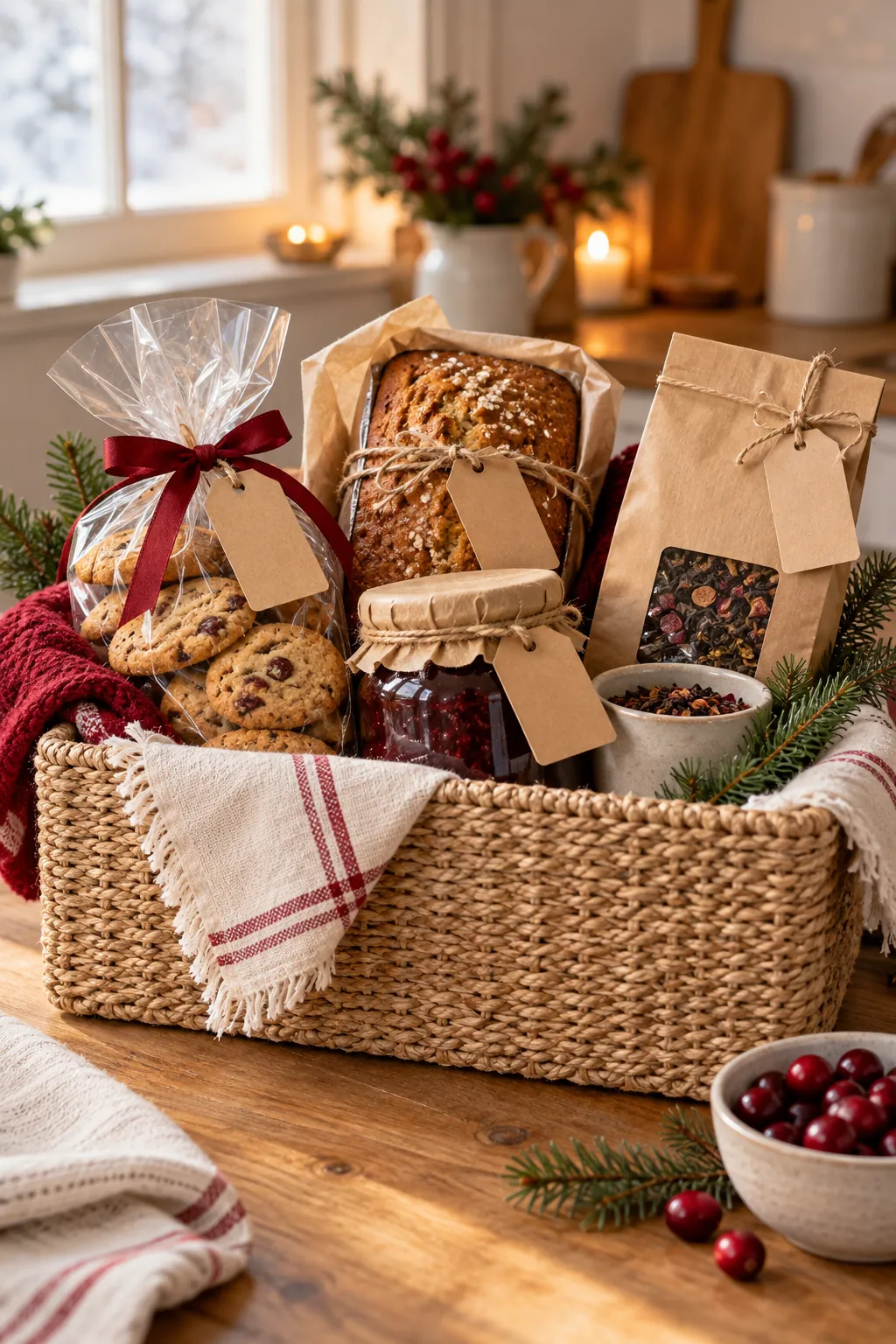 Homemade winter treats basket with cookies bread preserves and tea