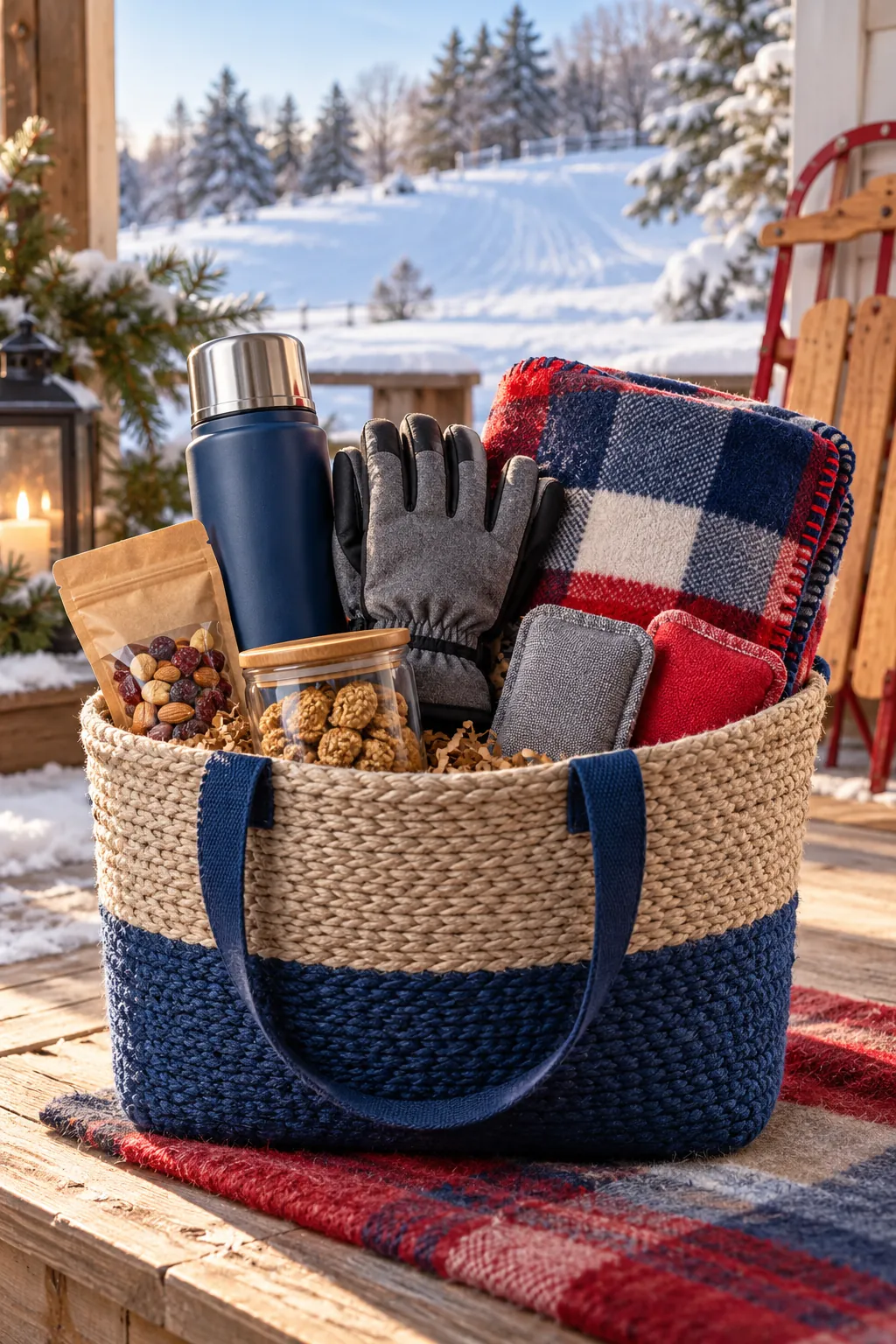 Sledding gift basket with thermos gloves snacks and fleece blanket