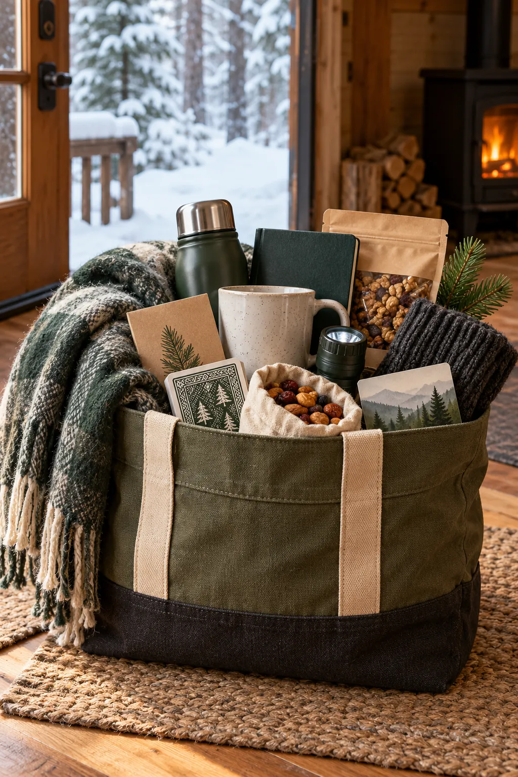 Winter cabin basket with coffee cards flashlight snacks and throw