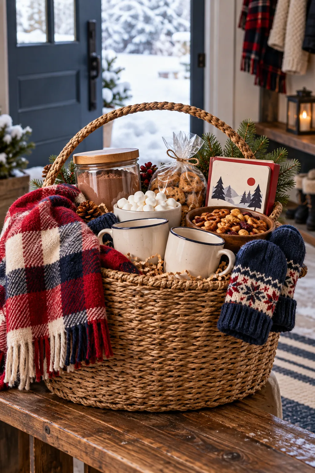 Family snow day basket with cocoa card game snacks and mittens