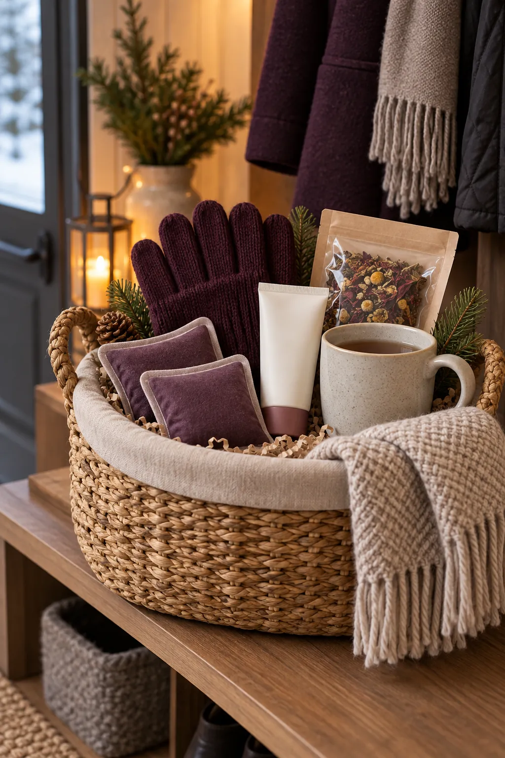 Winter hand care basket with gloves hand cream warmers and mug