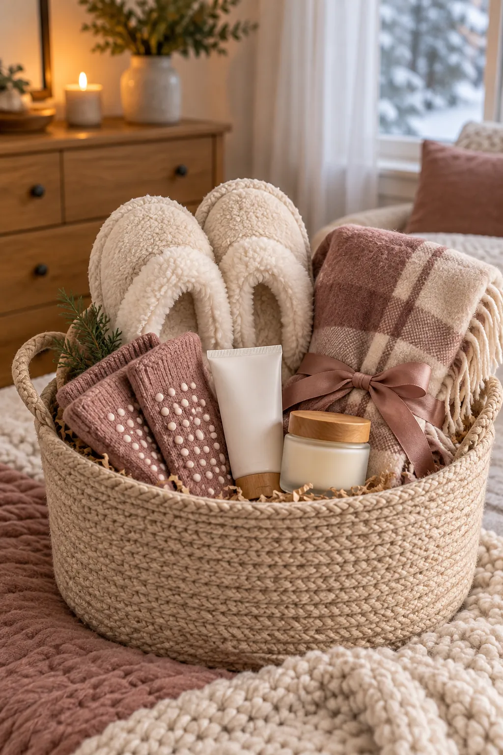 Winter cozy feet basket with slippers socks foot cream and blanket