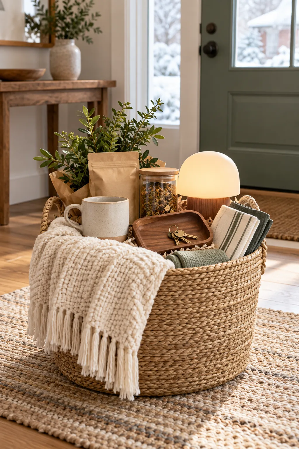 New home winter basket with blanket tea key tray lamp and towels