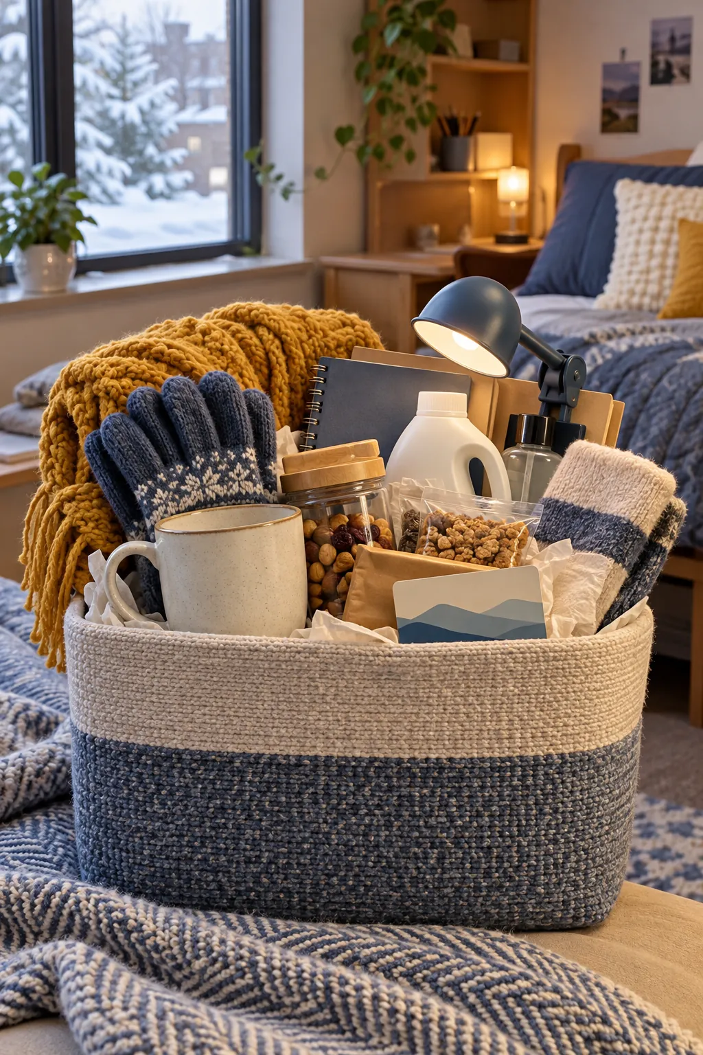 College winter care package with mug snacks gloves lamp and laundry supplies