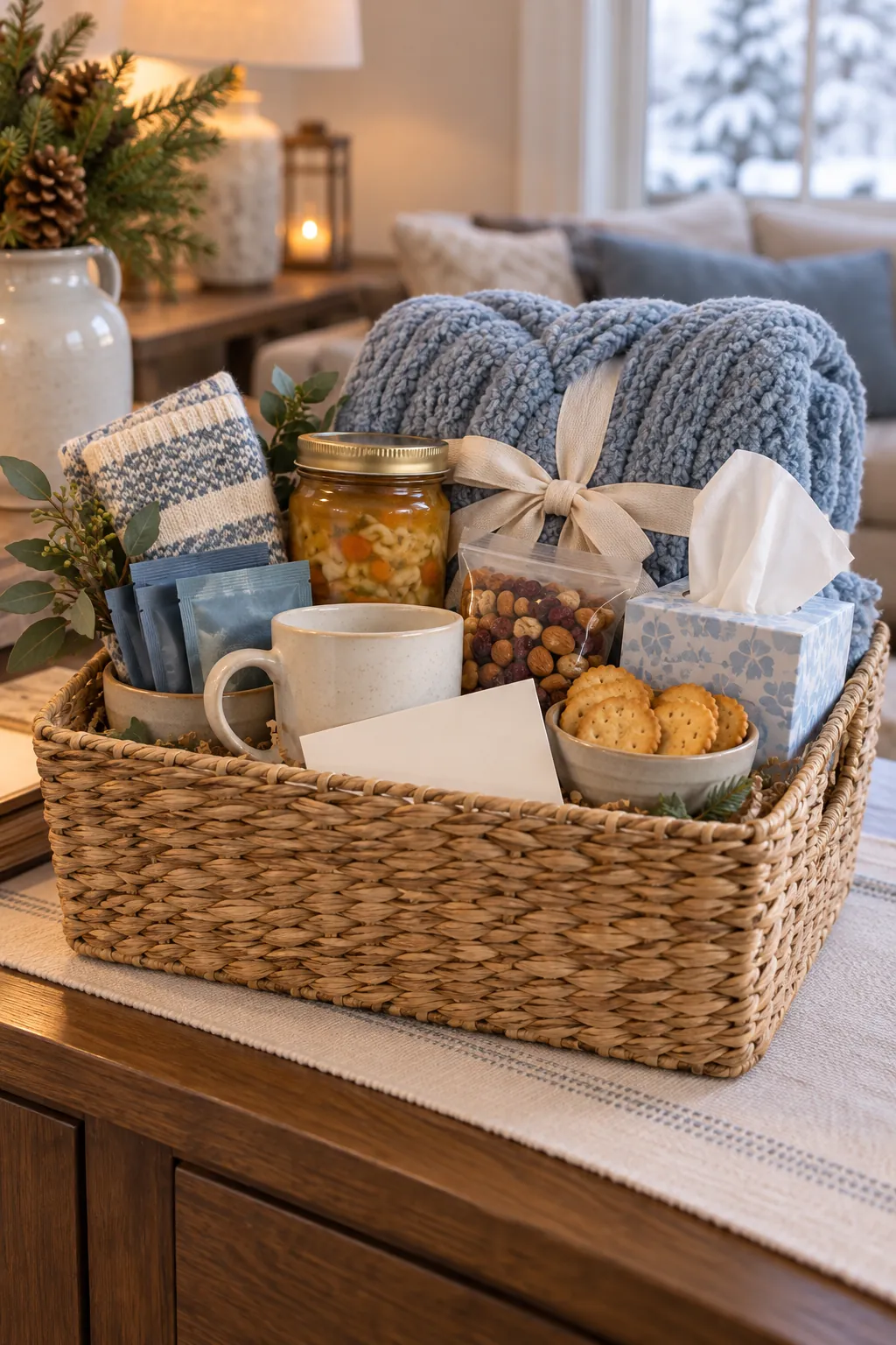 Thinking of you winter basket with note tea soup snacks and blanket