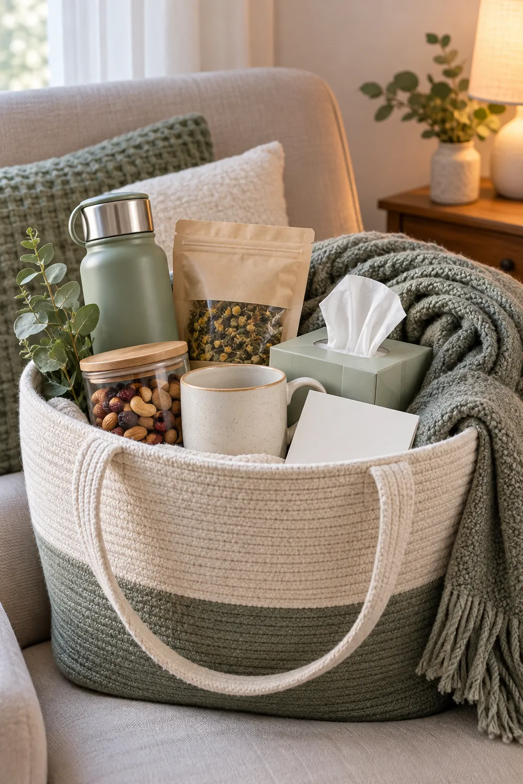Winter wellness basket with bottle tea tissues blanket and comfort items