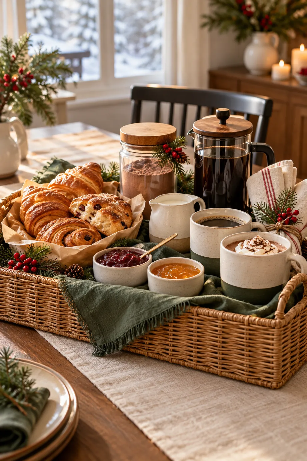Holiday morning winter basket with pastries cocoa coffee mugs and napkins