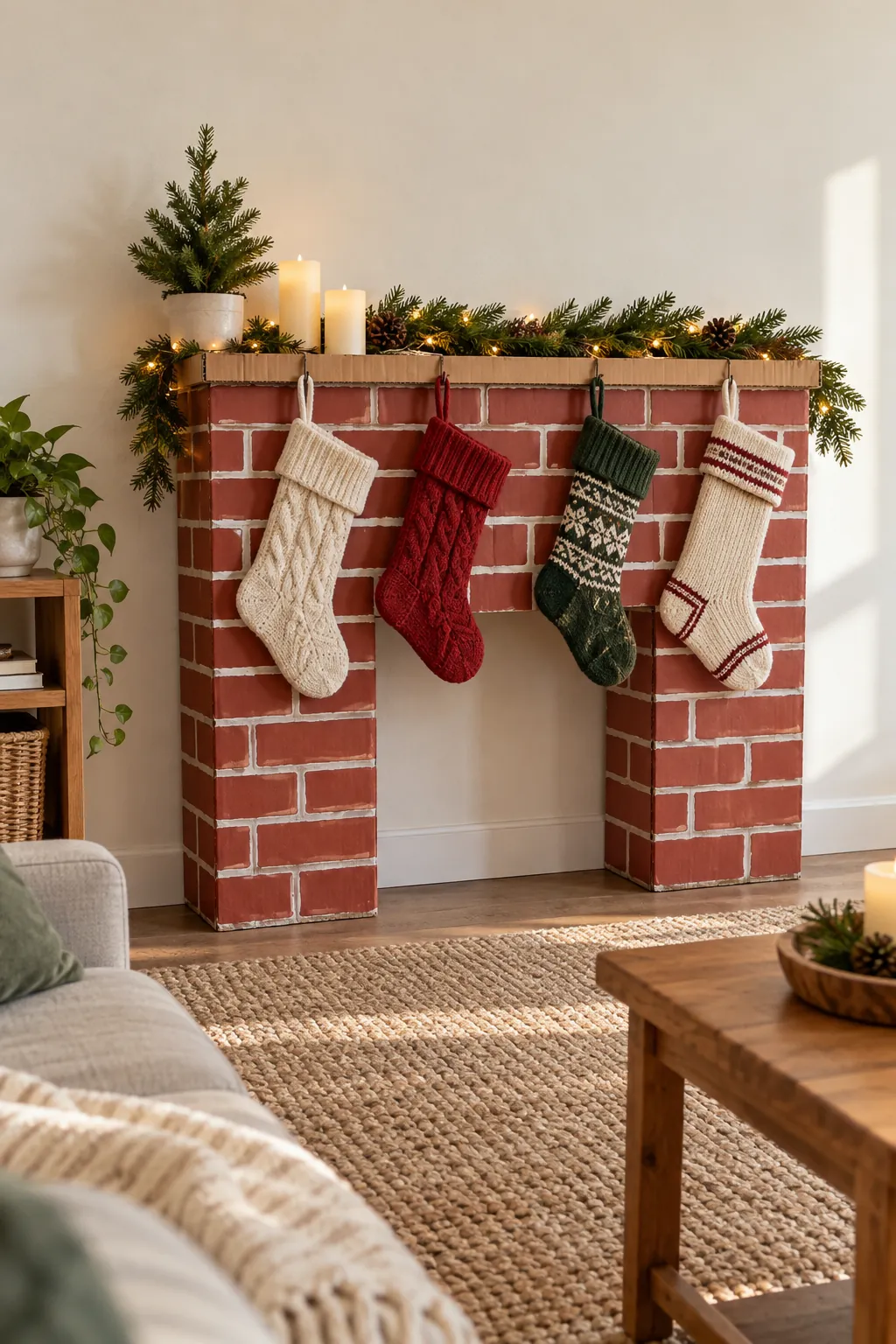 Painted cardboard brick fireplace decorated for Christmas