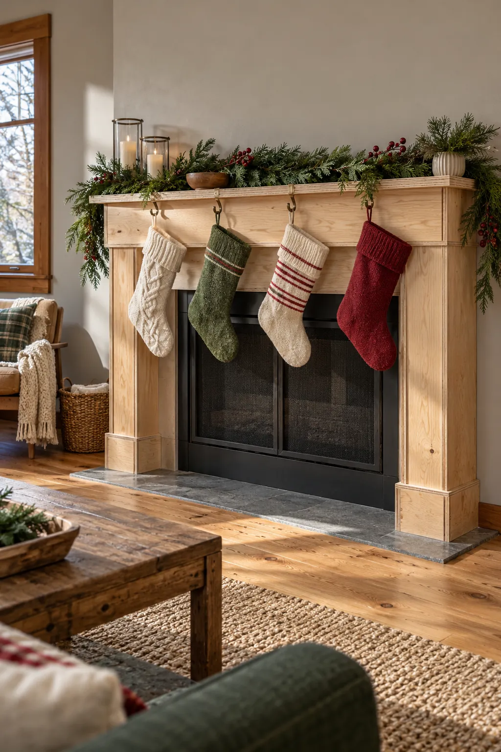 Freestanding plywood Christmas mantel with anchored base