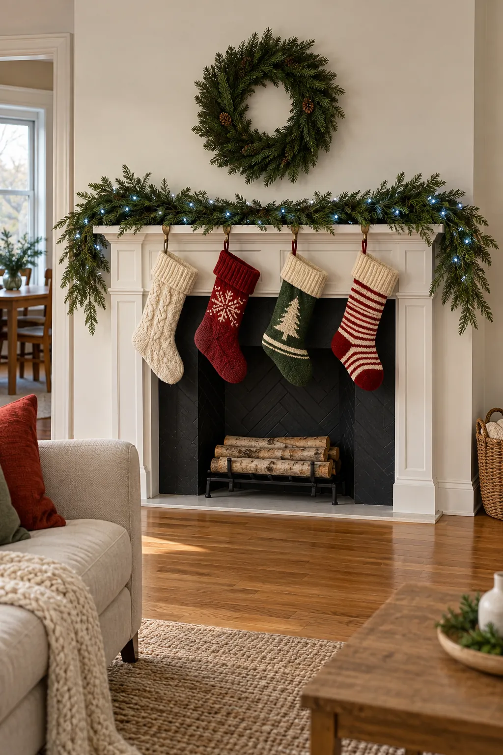 Cozy handmade faux fireplace decorated safely for Christmas