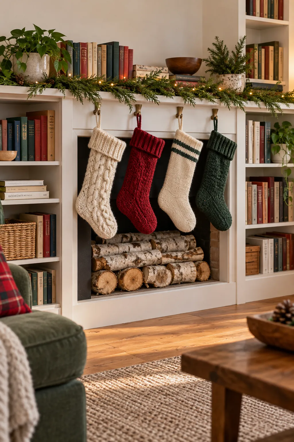 Bookcase transformed into a temporary Christmas fireplace