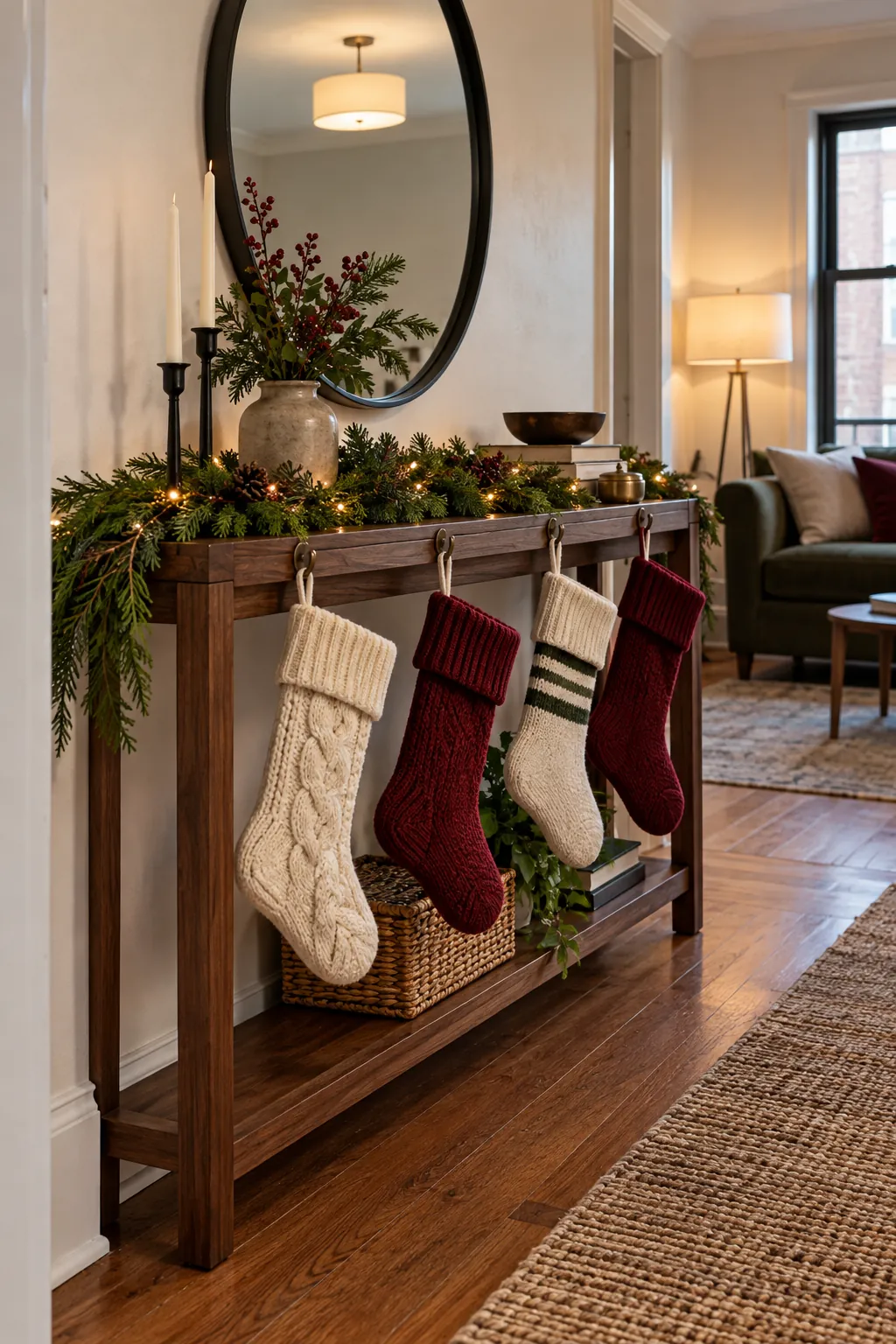 Console table styled as a Christmas mantel illusion