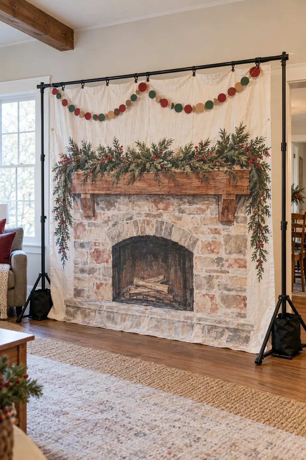 Large painted fabric fireplace backdrop for Christmas photos