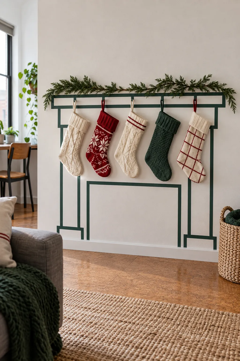 Washi tape fireplace outline on an apartment wall