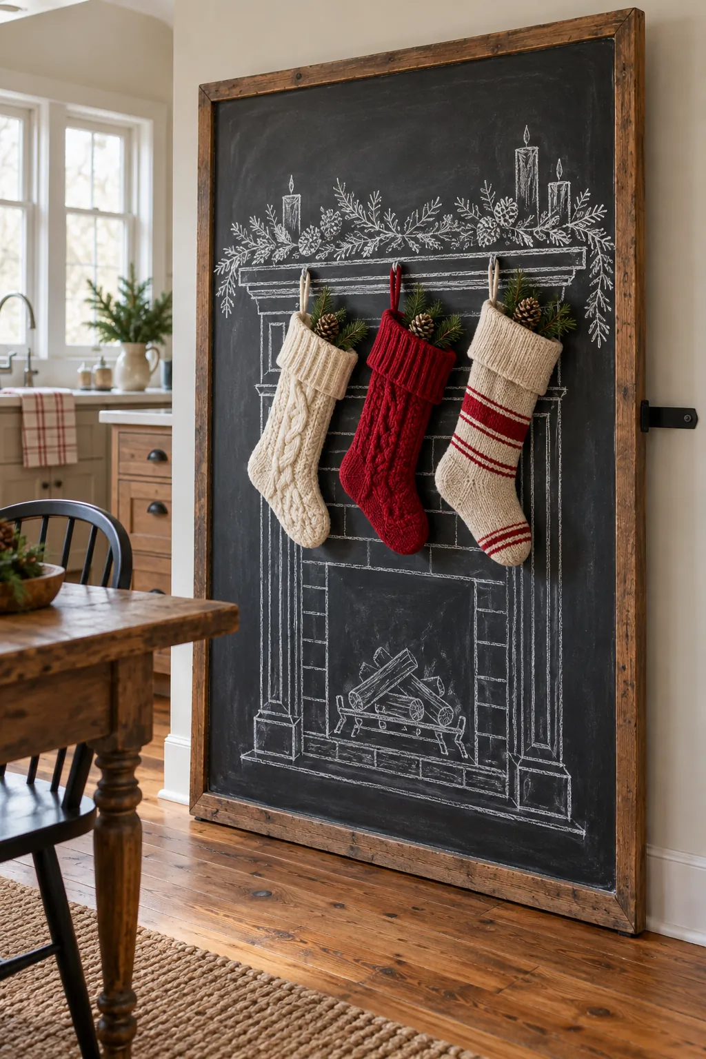 Chalkboard Christmas fireplace drawing with stocking basket
