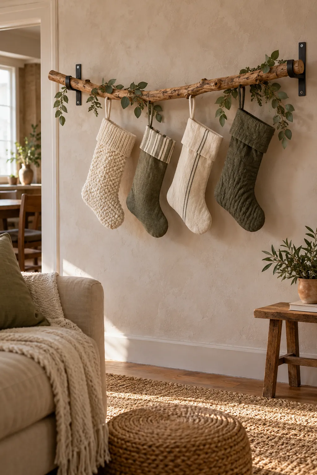 Natural branch used as a floating faux mantel