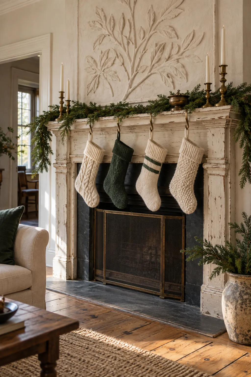 Salvaged vintage mantel shell decorated for Christmas