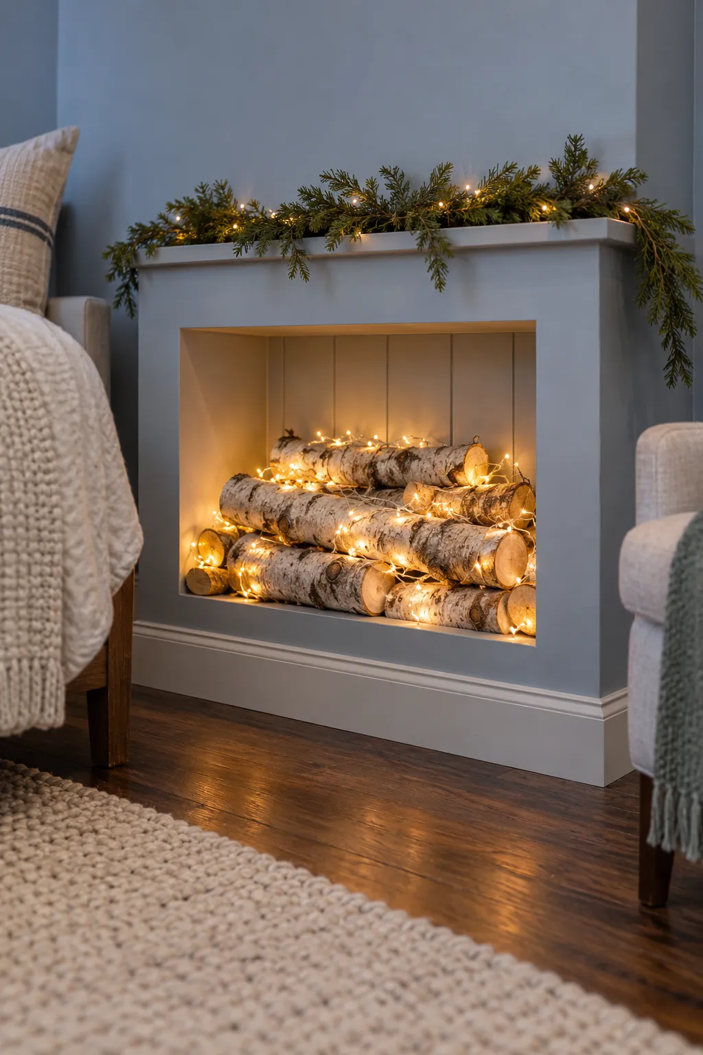 Decorative faux log niche with cool battery lights
