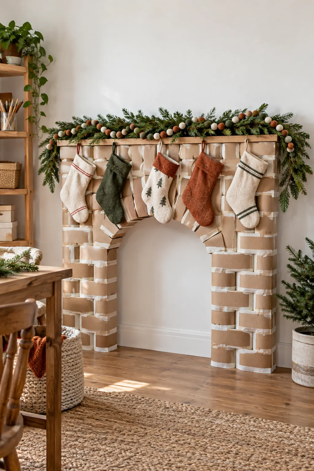 Paper tube brick arch faux fireplace for Christmas