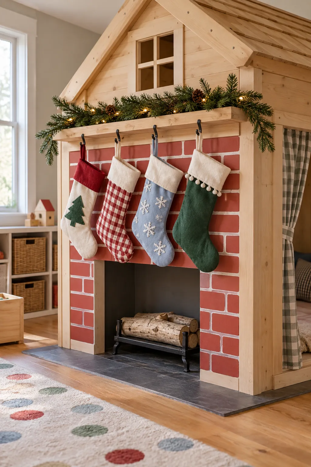 Child-safe painted fireplace panel on an indoor playhouse