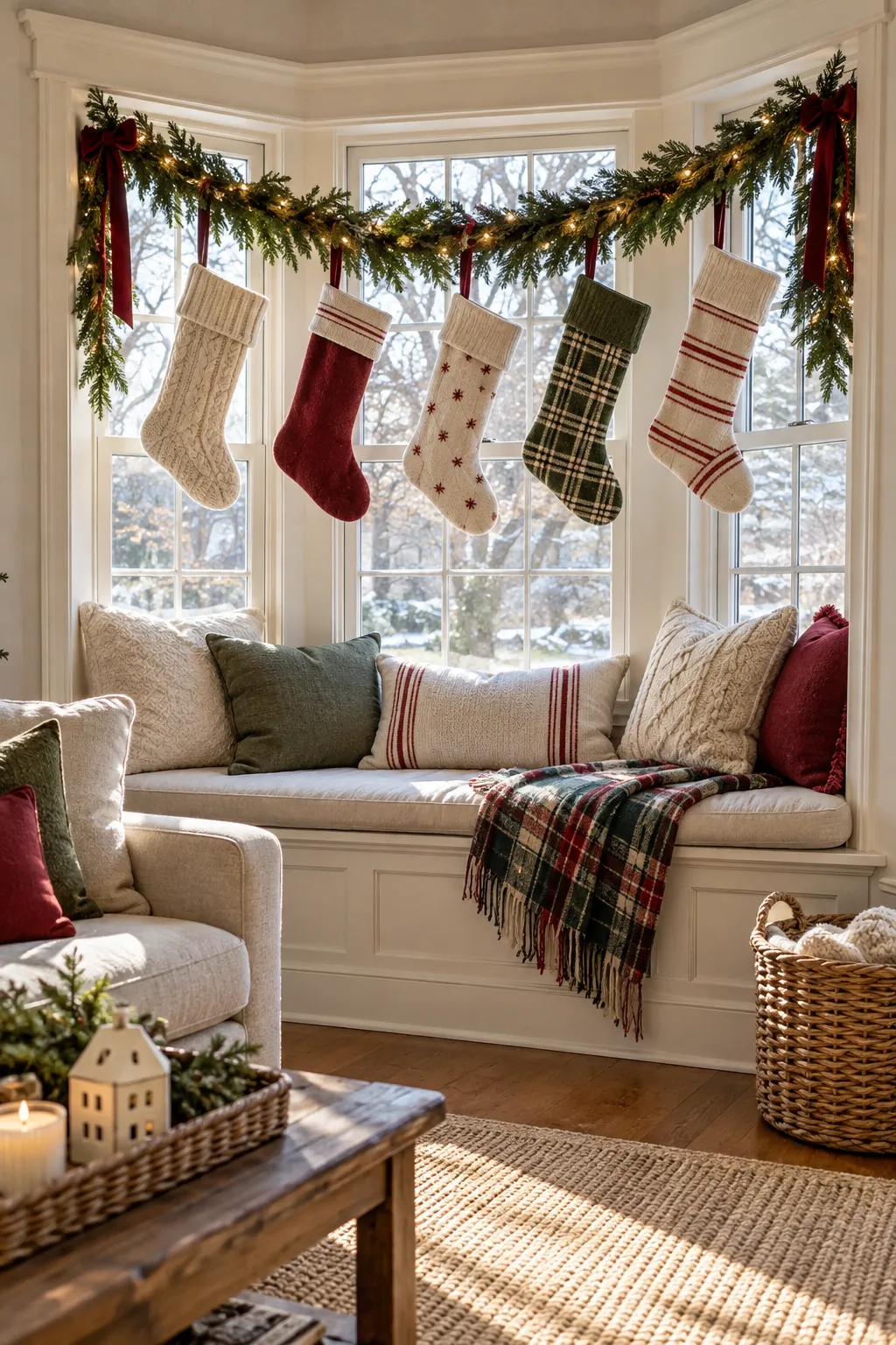 Christmas village and stocking baskets on a window seat