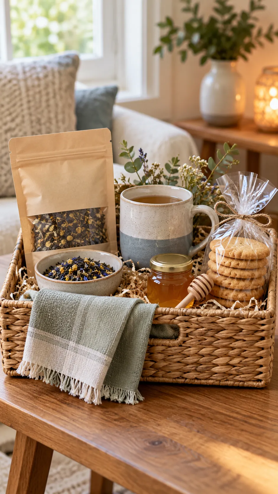 Quiet Tea Break Basket with useful comfort items arranged in a gift basket