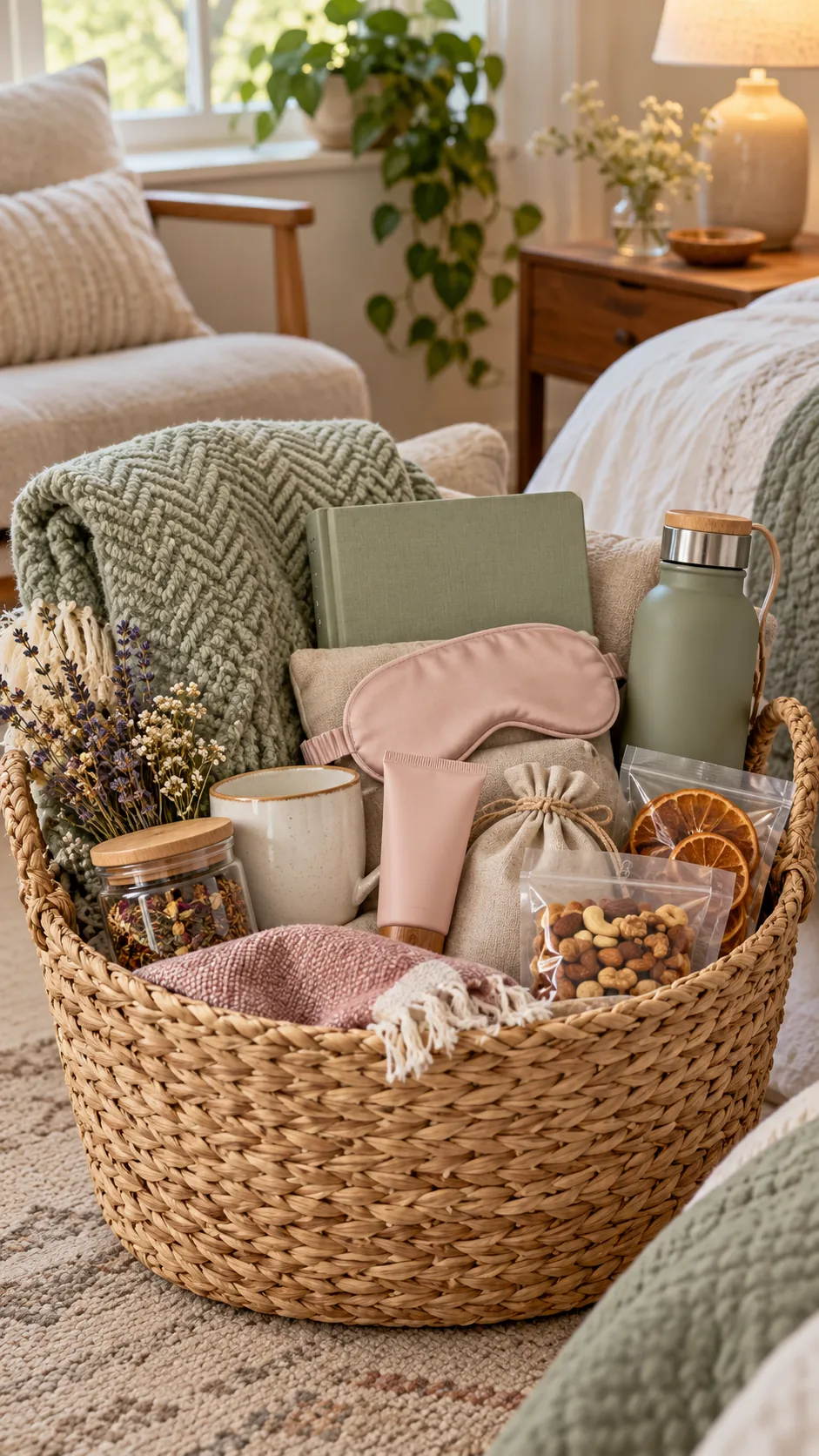Self-care basket ideas with blanket tea journal skincare and comfort items