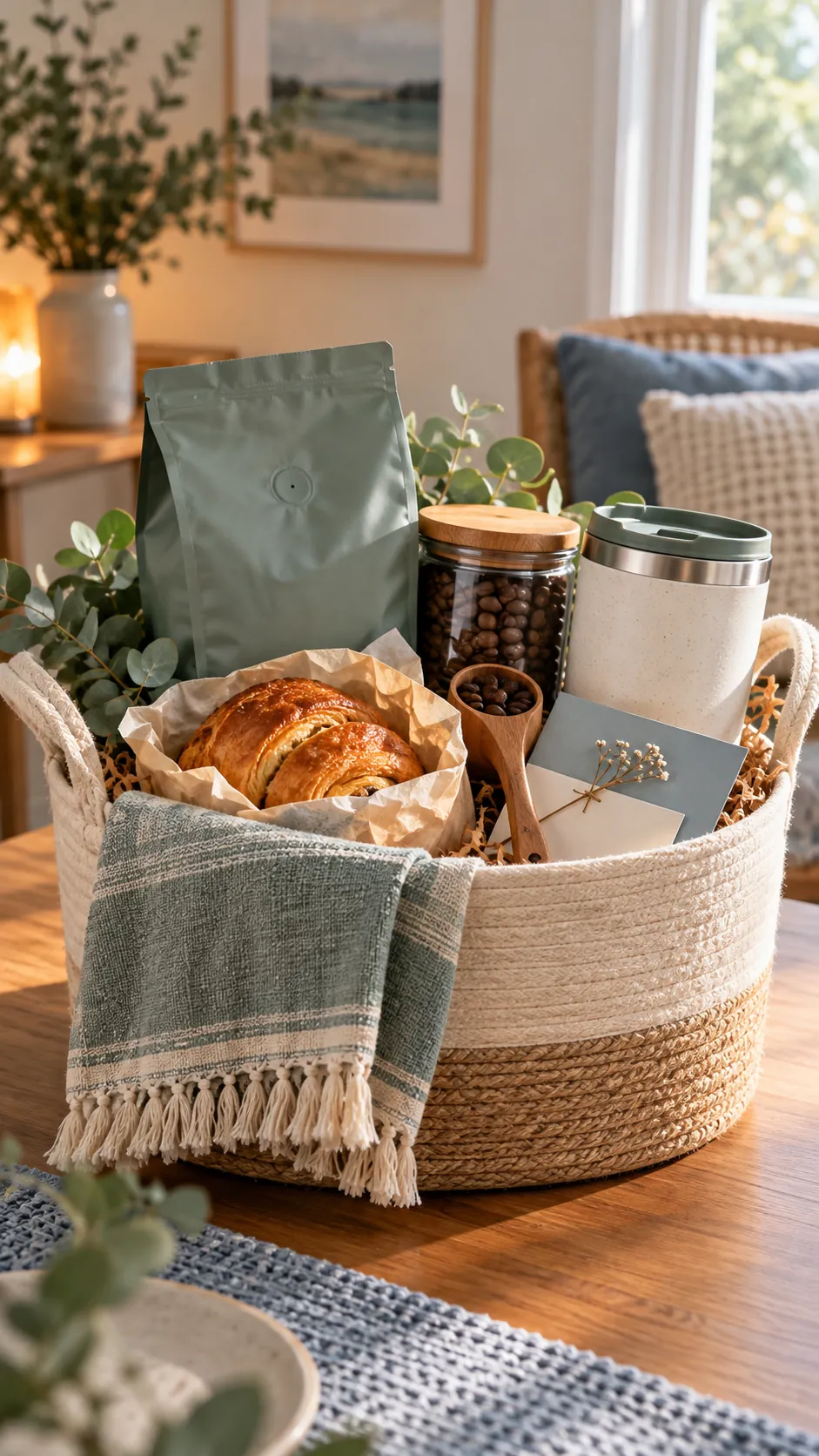 Slow Coffee Morning Basket with useful comfort items arranged in a gift basket