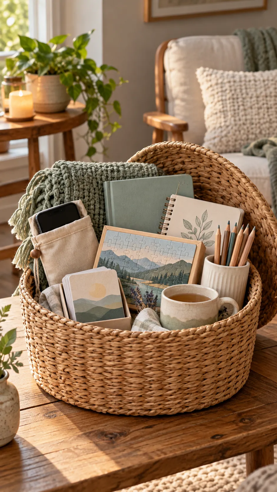 Screen-Free Evening Basket with useful comfort items arranged in a gift basket