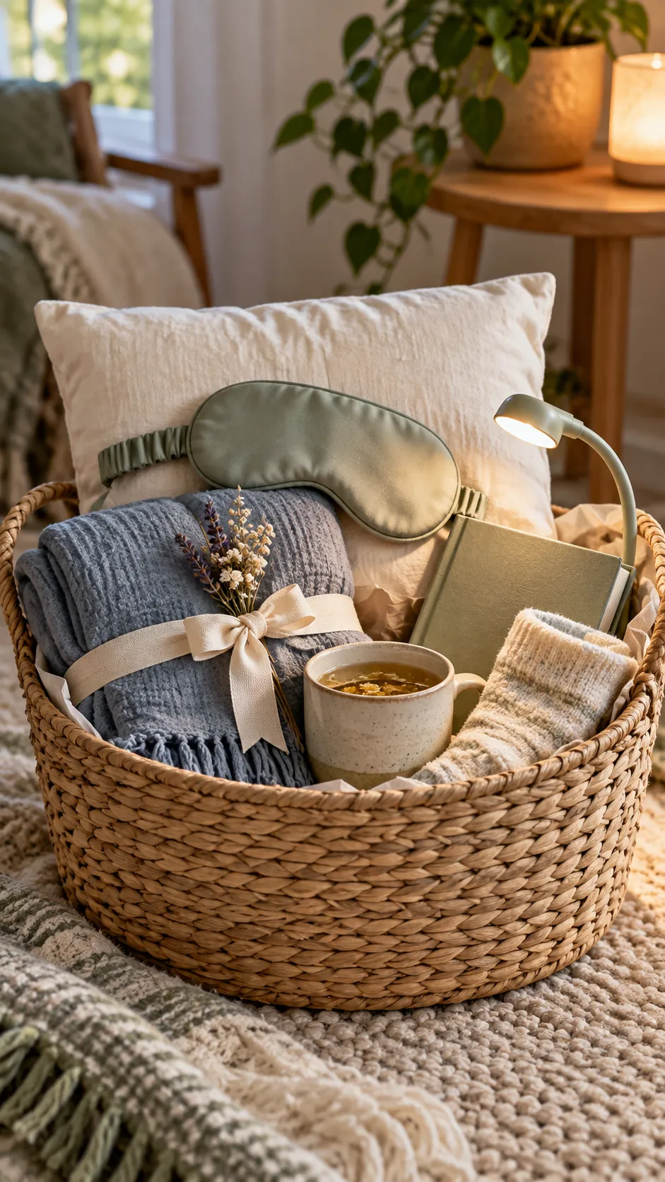 Early Night Basket with useful comfort items arranged in a gift basket