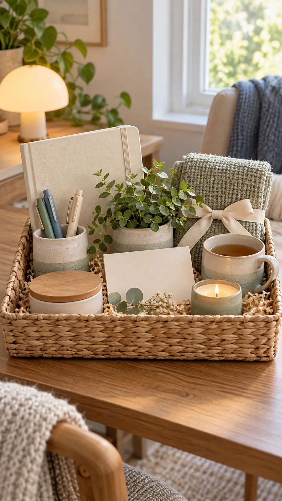Journaling Reset Basket with useful comfort items arranged in a gift basket