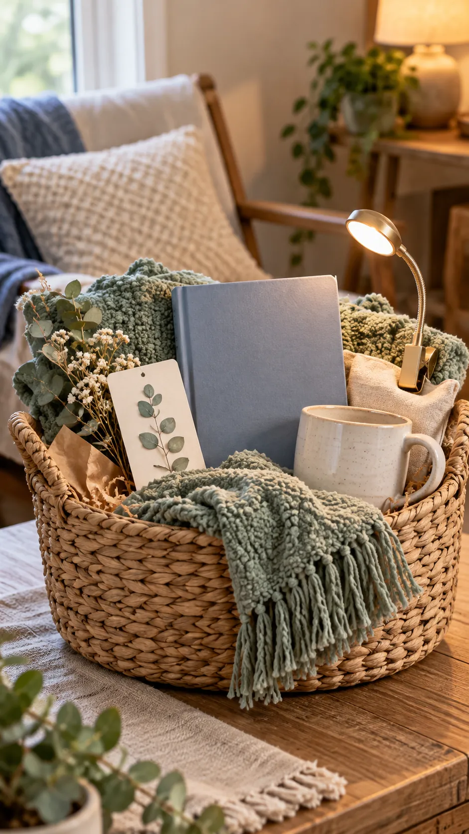 Reading Pause Basket with useful comfort items arranged in a gift basket
