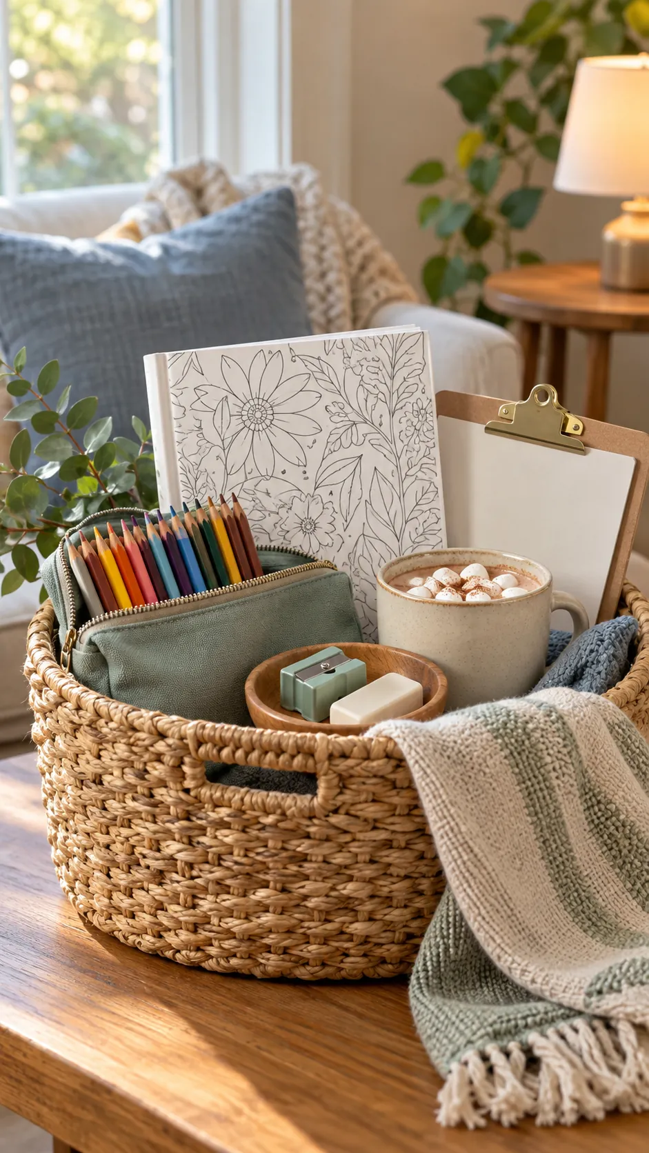 Coloring Break Basket with useful comfort items arranged in a gift basket