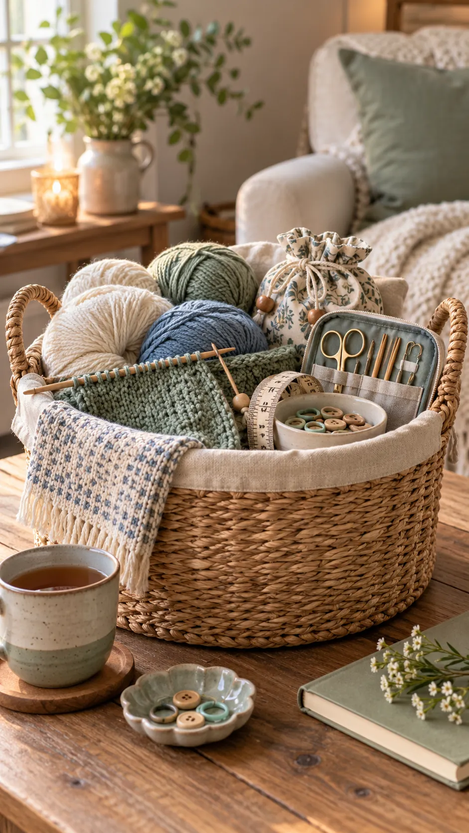 Knitting And Mending Basket with useful comfort items arranged in a gift basket