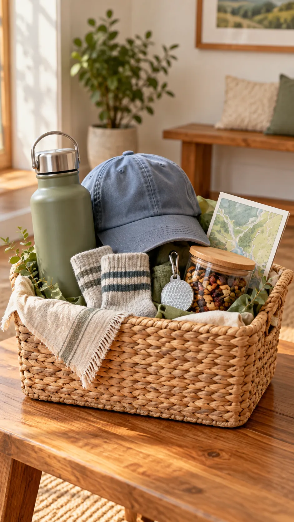 Walking Break Basket with useful comfort items arranged in a gift basket