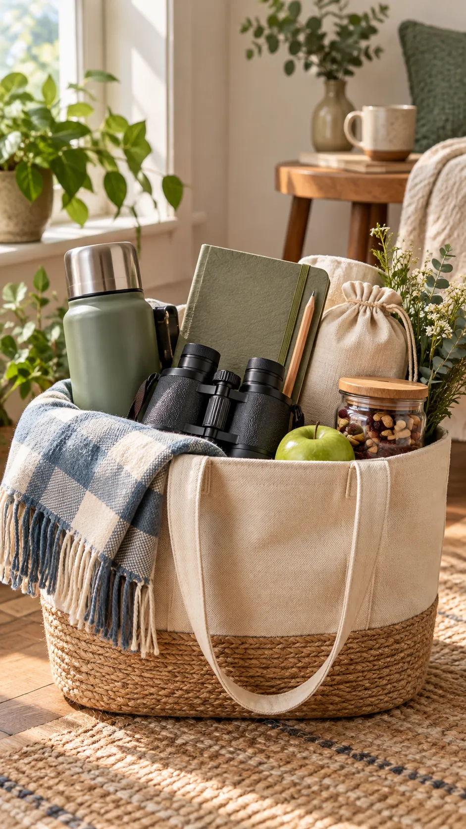 Nature Pause Basket with useful comfort items arranged in a gift basket